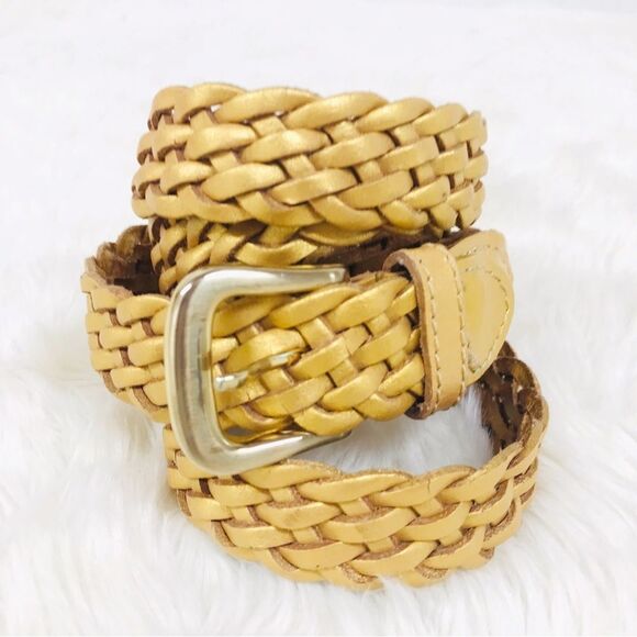 VINTAGE 90s Gold Metallic Woven Leather Belt‎ Braided Y2K Retro Medium Large - Picture 1 of 11